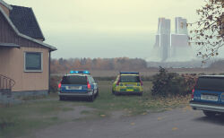 absurdres ambulance architecture building car cloud cloudy_sky day grass haze highres house motor_vehicle no_humans outdoors plant police_car railing road science_fiction simon_stalenhag sky stairs swedish_machines swedish_text tree window