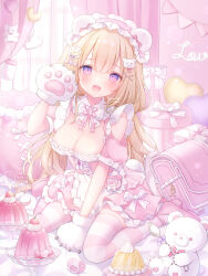 1girl :d animal_hands anklet apron backpack bag blonde_hair bow bowtie breasts cleavage clothing_cutout cross-laced_clothes cross-laced_dress curtains dress fang food frilled_apron frilled_dress frilled_hairband frills full_body gelatin gloves hair_ornament hairband heart heart-shaped_pillow heart_hair_ornament highres indoors jewelry large_breasts long_hair looking_at_viewer omochi_monaka open_mouth original pacifier paw_gloves pillow pink_bag pink_dress pink_hairband pink_shoes pink_thighhighs puffy_short_sleeves puffy_sleeves purple_eyes randoseru shoes short_sleeves shoulder_cutout sitting skin_fang smile solo spoon string_of_flags striped_clothes striped_thighhighs stuffed_animal stuffed_toy teddy_bear teddy_bear_hair_ornament thighhighs twitter_username unworn_bag very_long_hair waist_apron wariza white_apron white_bow white_bowtie x_hair_ornament