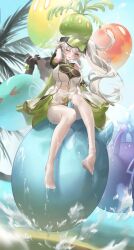 1girl artist_request blue_sky blush breasts cosplay creature dress feet full_body genshin_impact goggles goggles_on_head green_eyes head_grab highres horns kotoha_rimu large_breasts long_hair nahida_(genshin_impact) one_eye_closed open_mouth palm_tree side_ponytail sitting skirt sky slime smile thighhighs tree virtual_youtuber water wet wet_clothes white_hair white_thighhighs