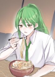 1boy aegyo_sal arm_on_table chopsticks collared_shirt eating food green_hair green_necktie hair_between_eyes high_ponytail highres holding holding_chopsticks kyouka_tori library_of_ruina light_particles male_focus necktie netzach_(project_moon) noodles open_mouth ponytail project_moon ramen shirt sidelocks solo upper_body white_shirt yellow_eyes