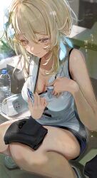 1girl alternate_costume black_shorts blonde_hair blue_feathers blurry blush bokeh bottle breasts character_print cleavage closed_mouth clothes_pull commentary_request depth_of_field feather_hair_ornament feathers flower genshin_impact gym_shorts hair_between_eyes hair_flower hair_ornament highres kabu_usagi large_breasts looking_down lumine_(genshin_impact) paid_reward_available paimon_(genshin_impact) plastic_bottle pulling_own_clothes shirt shirt_pull short_hair short_hair_with_long_locks shorts signature sleeveless sleeveless_shirt solo sportswear sweat thighs volleyball_uniform water_bottle white_flower white_shirt wiping_sweat yellow_eyes