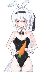 Rule 34 | absurdres, animal ears, black bow, black hairband, bow, carrot, colored eyelashes, hair rings, hairband, highres, hobagi, len (maplestory), leotard, long hair, maplestory, multicolored hair, playboy bunny, ponytail, rabbit ears, red eyes, sidelocks tied back, simple background, streaked hair, sweat, tattoo, thighhighs, very long hair, white eyelashes, white hair, white thighhighs