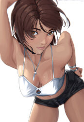1girl artist_name black_choker black_shorts breasts brown_eyes buttons choker cleavage closed_mouth female_focus fukami_ai highres jewelry leaning_forward looking_at_viewer midriff mole mole_under_mouth namco necklace ridge_racer shorts signature simple_background sin_quota solo tank_top white_background