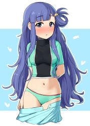 1girl aqua_panties arm_behind_back asari_nanami bad_id bad_twitter_id blue_background blue_eyes blue_hair blue_skirt blunt_bangs blush breasts clothes_pull cowboy_shot female_focus hair_ornament hairclip heart idolmaster idolmaster_cinderella_girls long_hair looking_at_viewer medium_breasts midriff navel omaru_gyuunyuu panties parted_lips pleated_skirt shirt short_sleeves simple_background skirt skirt_down skirt_pull solo underwear very_long_hair wavy_hair wet wet_clothes wet_shirt