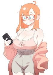 1girl ahoge blue_eyes blush body_freckles breasts cellphone cleavage colo_(nagrolaz) freckles glasses highres holding holding_phone large_breasts long_hair no_pupils off_shoulder orange_hair orange_pubic_hair phone red-framed_eyewear rita_(sweethex) shorts singlet smartphone sweater sweethex