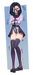 1girl absurdres ball_gag bdsm black_choker black_hair blue_eyes bondage bound breasts chastity_belt choker collar collared_shirt full_body gag gag_harness gagged highres looking_at_viewer lumpychan medium_hair neckerchief original pink_shirt pleated_skirt purple_neckerchief purple_thighhighs sailor_collar saliva shirt shoes skindentation skirt slave small_breasts solo standing straitjacket thighhighs white_shirt