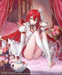 absurdres ahoge anklet arm_strap arm_support armband artist_name azu-taro blueberry breasts cake cake_slice cherry chocolate_cake cleavage closed_mouth copyright_name cream crown cup curtains dessert detached_sleeves dress earrings elizabeth_(evertale) evertale fingernails floral_print floral_print_dress flower food fruit full_body gem gold green_eyes green_gemstone groin_tendon hair_between_eyes heart heart_o-ring highres holding holding_cup icing jewelry juliet_sleeves layer_cake leaf leg_warmers light_particles light_smile logo long_hair long_sleeves looking_at_viewer medium_breasts mini_crown neck_ribbon o-ring o-ring_arm_strap official_alternate_costume official_art on_bed original panties pink_flower pink_rose plant plate print_dress puffy_sleeves red_armband red_flower red_gemstone red_hair red_ribbon red_rose revealing_clothes ribbon rose silver_anklet silver_crown sitting smile solo spiked_crown sponge_cake strawberry strawberry_cake strawberry_shortcake teacup teapot tiered_tray toe_ring toenails underwear very_long_hair whipped_cream white_dress white_flower white_gemstone white_leg_warmers white_panties white_rose
