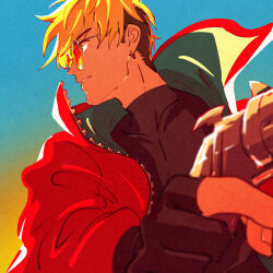 1boy agl_arms_.45_long_colt black_gloves black_shirt blonde_hair blue_background break-action_revolver covered_collarbone earrings fingerless_gloves gloves gradient_background green_eyes gun hair_between_eyes handgun highres holding holding_gun holding_weapon jacket jewelry looking_to_the_side low_bore_axis_revolver male_focus mole mole_under_eye open_clothes open_jacket orange-tinted_eyewear parted_lips profile red_jacket revolver round_eyewear shirt short_hair solo sota_cat sunglasses tinted_eyewear trigun trigun_stampede turtleneck undercut upper_body vash_the_stampede weapon yellow_background zipper