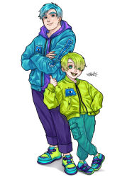 2boys animification blue_eyes blue_hair full_body green_eyes green_hair hair_over_one_eye highres humanization james_p._sullivan kinuuu_x3x male_focus mike_wazowski monsters_inc. multiple_boys personification shirt short_hair smile sweater_vest teeth white_sweater_vest