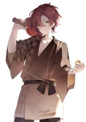 Rule 34 | 1boy, alternate costume, closed mouth, collarbone, cowboy shot, genshin impact, green eyes, hair between eyes, hand up, haru same322, highres, holding, japanese clothes, kimono, long sleeves, looking at viewer, male focus, obi, open mouth, paddle, red hair, sash, shikanoin heizou, short hair, simple background, smile, solo, standing, table tennis paddle, white background, wide sleeves