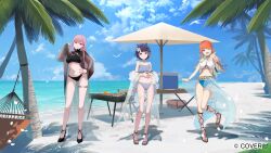 3girls ;d beach bikini black_bikini black_shoes blue_bikini blue_sailor_collar blue_sky blunt_bangs breasts closed_mouth cloud commentary_request company_name cooler copyright_notice day english_text feathers flower frilled_bikini frills full_body gradient_hair green_feathers green_hair grey_bikini grey_eyes grill hair_flaps hair_flower hair_ornament hand_on_own_hip hand_up high_heels hololive hololive_english holomyth holonatsu_paradise horizon jewelry large_breasts long_hair looking_at_viewer mismatched_bikini mori_calliope mori_calliope_(holonatsu_paradise) multicolored_hair multiple_girls ninomae_ina&#039;nis ninomae_ina&#039;nis_(holonatsu_paradise) ocean off_shoulder official_alternate_costume official_alternate_hairstyle official_art ogura_tubuan one_eye_closed open_mouth orange_hair outdoors outstretched_arm own_hands_together palm_tree pink_hair pointy_ears purple_eyes purple_hair reaching reaching_towards_viewer red_eyes sailor_collar sandals sarong see-through_clothes see-through_sarong shoes short_hair sidelocks sky smile steepled_fingers straight_hair swimsuit swimsuit_cover-up takanashi_kiara takanashi_kiara_(holonatsu_paradise) thigh_strap thighlet tree virtual_youtuber white_bikini