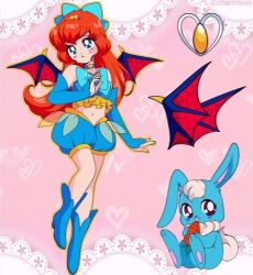 1990s_(style) 1girl animification artist_name bad_id bad_twitter_id bare_shoulders bishoujo_senshi_sailor_moon bloom_(winx_club) blue_arm_warmers blue_boots blue_bow blue_choker blue_eyes blue_nails blue_shirt blue_shorts boots bow brooch choker collarbone commentary crop_top dot_nose dragon_wings english_commentary eyelashes faux_retro_artstyle frilled_shirt_collar frills full_body gold_tiara hair_bow heart heart_background heart_brooch heart_choker high_heel_boots high_heels honeymoonpetal jewelry kiko_(winx_club) lace_background light_blush long_hair looking_at_viewer magical_girl midriff mini_tiara nail_polish navel orange_hair outline parody parted_lips pink_background puffy_shorts rabbit raised_inner_eyebrows red_wings reference_sheet retro_artstyle shirt shorts solo strapless strapless_shirt style_parody tareme very_long_hair watermark wings winx_club worried yellow_brooch yellow_outline