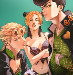 Rule 34 | 1girl, 2boys, :p, anchor ornament, black hair, black jacket, black tank top, blonde hair, braid, breasts, bug, bun with braided base, cleavage, cone hair bun, crop top, diamond wa kudakenai, double bun, earrings, fishnet top, fishnets, gakuran, giorno giovanna, green background, green eyes, green lips, hair bun, higashikata josuke, highres, insect, jacket, jewelry, jojo no kimyou na bouken, kuujou jolyne, ladybug, ladybug ornament, lipstick, looking at viewer, makeup, medium breasts, midriff, multicolored hair, multiple boys, navel, navel piercing, parted bangs, piercing, pompadour, school uniform, spider web print, stone ocean, tank top, togusa jj, tongue, tongue out, two-tone hair, vento aureo, victory rolls