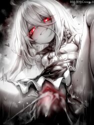 1boy 1girl blur_censor breasts censored character_request chinese_commentary commentary_request cum cum_in_pussy cum_overflow greyscale grin hetero highres kupa_(jesterwii) long_hair monochrome paid_reward_available parted_lips penis red_eyes revision sex shadowverse small_breasts smile spot_color vaginal