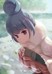 1girl blue_hair blue_jacket brown_skirt closed_mouth day expressionless fingerless_gloves gloves grey_gloves hair_bun ito_haruko jacket leaf long_skirt long_sleeves looking_at_viewer outdoors purple_eyes shima_rin single_hair_bun skirt solo squatting water yurucamp