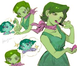 +_+ 2girls artist_name bandana bare_shoulders blue_skin blush collarbone colored_skin cosmetics cowboy_shot disgust_(inside_out) dress earrings envy_(inside_out_2) eyelashes fingernails floral_print green_dress green_eyes green_hair green_skin hair_ornament hairclip half-closed_eyes hand_mirror hands_on_own_face hands_up holding holding_lipstick_tube holding_mirror inside_out inside_out_2 jewelry kugai697139 lipstick_tube looking_at_another looking_at_mirror looking_at_object mirror multiple_girls multiple_views nail_polish open_mouth pink_bandana pink_lips pink_nails polka_dot polka_dot_shirt purple_shirt shirt short_hair simple_background sleeveless sleeveless_dress smile sparkle speech_bubble standing teeth thought_bubble upper_body white_background
