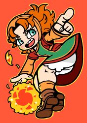 1girl aqua_eyes bkub bloomers blush_stickers bonnet boots brown_boots dragon_quest dragon_quest_vii dress fire full_body green_tabard highres long_hair long_sleeves maribel_(dq7) open_mouth orange_hair orange_socks outline pointing pyrokinesis red_background red_dress simple_background socks solo tabard teeth underwear upper_teeth_only white_bloomers yellow_outline