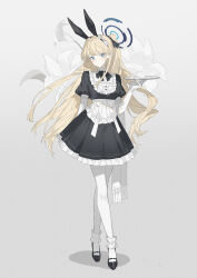 1girl alternate_costume animal_ear_hairband animal_ears apron black_dress black_hairband black_ribbon black_shoes blonde_hair blue_archive blue_eyes blue_halo closed_mouth dress elbow_gloves expressionless fake_animal_ears gloves hairband halo highres holding holding_tray long_hair looking_at_viewer pantyhose rabbit_ear_hairband rabbit_ears ribbon shoes short_sleeves solo toki_(blue_archive) tray vennie white_apron white_gloves white_pantyhose