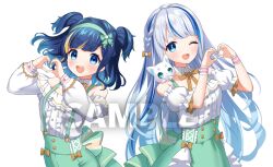 2girls :d ;d animal animal_on_shoulder back_bow bare_shoulders blue_eyes blue_hair blunt_bangs bow braid breasts collar commentary_request detached_collar detached_sleeves dot_nose frilled_shirt frilled_sleeves frills gradient_eyes green_bow green_ribbon green_skirt hair_bow hair_ribbon hikimayu kiki-yu lace_sleeves light_blush long_hair long_sleeves looking_at_viewer medium_hair multicolored_eyes multicolored_hair multiple_girls neck_ribbon off-shoulder_shirt off_shoulder official_art one_eye_closed open_mouth original pink_wrist_cuffs ribbon sample_watermark shirt short_braid simple_background skirt smile streaked_hair striped_ribbon suspender_skirt suspenders teeth two-tone_hair two_side_up upper_teeth_only very_long_hair watermark white_background white_collar white_hair wrist_cuffs yellow_bow