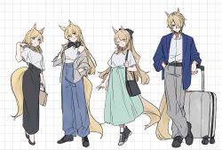 1boy 3girls alternate_costume animal_ears arknights aunt_and_niece bag black_bow black_shoes black_skirt blemishine_(arknights) blonde_hair blue_eyes blue_jacket bow breasts collared_shirt contrapposto crop_top denim frown green_skirt grey_jacket grey_pants grid_background hair_bow hair_over_one_eye hand_in_pocket headphones headphones_around_neck highres horse_boy horse_ears horse_girl horse_tail jacket jeans long_hair long_skirt looking_at_viewer medium_breasts mlynar_(arknights) multiple_girls nearl_(arknights) one_eye_closed pants ponytail shirt shoes short_hair siblings simple_background sisters skirt smile sneakers suitcase tail uncle_and_niece whislash_(arknights) white_background white_shirt yakota_(usuk-yako) yellow_eyes