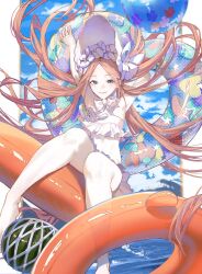 1girl abigail_williams_(fate) abigail_williams_(swimsuit_foreigner)_(fate) abigail_williams_(swimsuit_foreigner)_(third_ascension)_(fate) armpits arms_up bare_arms bare_legs bare_shoulders bikini blonde_hair blue_eyes border breasts choker closed_mouth cloud fate/grand_order fate_(series) feet_out_of_frame hat highres light_blush long_hair looking_at_viewer outdoors parted_bangs revision sky small_breasts smile solo spread_legs swimsuit very_long_hair water white_bikini white_border white_hat zuraa_(naunau_seijin)
