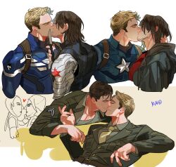 2boys absurdres artist_name belt black_bodysuit blonde_hair blue_bodysuit bodysuit border breast_pocket brown_belt brown_hair bucky_barnes captain_america captain_america:_civil_war captain_america:_the_first_avenger captain_america:_the_winter_soldier captain_america_(series) closed_eyes closed_mouth collarbone commentary_request dagger fingernails french_kiss green_jacket green_shirt grey_background grey_jacket hand_around_neck heart highres holding holding_dagger holding_knife holding_weapon hood hooded_jacket jacket karmaho kiss knife korean_commentary lapels long_sleeves male_focus marvel marvel_cinematic_universe military_jacket military_uniform multiple_boys multiple_views necktie open_clothes open_jacket outside_border pocket prosthesis prosthetic_arm red_shirt shirt short_hair simple_background smile star_(symbol) steve_rogers superhero_costume upper_body weapon white_border winter_soldier yaoi yellow_necktie