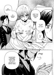 2boys black_hair butler ciel_phantomhive formal_clothes heterochromia highres kurosh00kie kuroshitsuji lactation male_focus male_pregnancy multiple_boys necktie robe sebastian_michaelis shota sigh smile speech_bubble suit sweatdrop