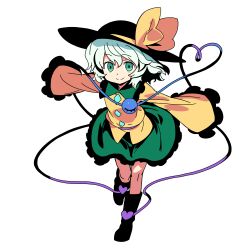 Rule 34 | 1girl, absurdres, black boots, black hat, boots, bow, buttons, closed mouth, collared shirt, commentary request, diamond button, eyeball, frilled shirt collar, frilled skirt, frilled sleeves, frills, green eyes, green hair, green skirt, hat, hat bow, heart, heart of string, highres, komeiji koishi, long sleeves, looking at viewer, pioartstuff, shirt, simple background, skirt, sleeves past fingers, sleeves past wrists, smile, solo, split mouth, third eye, touhou, transparent background, wide sleeves, yellow bow, yellow shirt