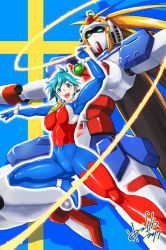 1girl allenby_beardsley arm_up blue_bodysuit blue_eyes blue_hair blush bodysuit bow breasts commentary_request covered_erect_nipples covered_navel energy_whip female_focus g_gundam gloves gundam highres hori_shin large_breasts looking_at_viewer mecha mecha_pilot_suit mobile_trace_suit multicolored_bodysuit nobel_gundam open_mouth red_bodysuit robot shiny_clothes shiny_skin short_hair skin_tight smile solo swedish_flag whip
