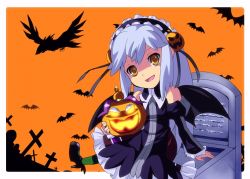 1girl bat_(animal) bat_wings bird black_dress brown_eyes cross crow detached_sleeves dress enoo female_focus food-themed_hair_ornament gothic_lolita grave hair_ornament hairband hairpin halloween jack-o&#039;-lantern katrina_elesius lantern lolita_fashion long_hair open_mouth orange_background pantyhose pumpkin pumpkin_hair_ornament ribbon shoes sidelocks silhouette simple_background smile solo tombstone two-tone_background white_hair wild_arms wild_arms_xf wings