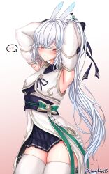 1girl absurdres animal_ears bare_shoulders black_skirt blush bow ch_(charchive15) colored_eyelashes detached_sleeves green_bow hair_rings highres len_(maplestory) long_hair maplestory multicolored_hair ponytail rabbit_ears red_eyes sidelocks_tied_back skirt speech_bubble streaked_hair thighhighs very_long_hair white_eyelashes white_hair white_thighhighs