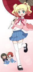 Rule 34 | 3girls, :d, = =, alice cartelet, black hair, black shoes, blonde hair, blood, blue eyes, blue skirt, blush, cardigan, highres, holding, holding umbrella, inokuma youko, kin-iro mosaic, looking at viewer, mary janes, moegi high school uniform, multiple girls, nel-c, nosebleed, oil-paper umbrella, oomiya shinobu, open mouth, pink cardigan, pleated skirt, red hair, school uniform, shoes, short hair, skirt, smile, solo focus, thighhighs, twintails, umbrella, white thighhighs