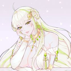 artist_request braid braided_sidelock breasts fangs gem green_eyes green_gemstone green_hair hair_ornament half_updo indie_virtual_youtuber jewelry large_breasts long_hair multicolored_hair ribbon seldea slit_pupils snake_girl snake_hair_ornament two-tone_hair very_long_hair virtual_youtuber white_hair