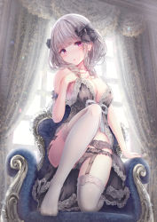 1girl babydoll bare_arms bare_shoulders blush breasts cleavage couch curly_hair curtains frills full_body garter_belt garter_straps gothic_lolita grey_hair hair_ornament hair_ribbon head_tilt highres kneeling lolita_fashion looking_at_viewer medium_breasts microsoft_windows missile228 on_couch original panties pink_eyes ribbon see-through_clothes see-through_legwear short_hair skirt spiral thighhighs thighs underwear white_thighhighs