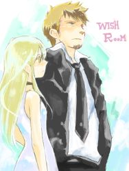 blonde_hair brown_hair choker cing dress formal_clothes grey_eyes hotel_dusk kyle_hyde long_hair mila_evans necktie short_hair sleeveless sleeveless_dress suit yellow_eyes