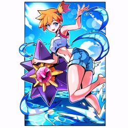 1girl :d armpits ass asymmetrical_hair barefoot blue_eyes blue_shorts blush breasts cloud crop_top day denim denim_shorts eyelashes feet female_focus gen_1_pokemon gym_leader highres jhonssecret leg_up legs looking_at_viewer midriff misty_(pokemon) navel nintendo open_mouth orange_hair outdoors poke_ball pokemon pokemon_(anime) pokemon_(classic_anime) pokemon_rgby ponytail shirt short_hair short_shorts shorts side_ponytail sky sleeveless sleeveless_shirt smile solo starmie sun tank_top thighs tongue water white_shirt