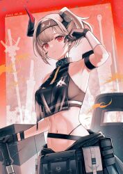 1girl 3_(sanyako1) absurdres alternate_costume arknights ballistic_shield bare_shoulders black_gloves black_hairband black_pouch black_sports_bra breasts commentary_request cowboy_shot crop_top day gloves grey_hair hairband hand_up highres horns infection_monitor_(arknights) material_growth medium_breasts midriff navel oripathy_lesion_(arknights) parted_lips red_eyes shield short_hair sideboob solo sports_bra standing vulcan_(arknights)