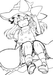 Rule 34 | 1girl, absurdres, boots, bow, braid, commentary request, full body, hair bow, hat, hat bow, highres, himajin noizu, kirisame marisa, long hair, looking at viewer, open mouth, short sleeves, side braid, simple background, single braid, sitting, sketch, solo, touhou, vest, witch hat
