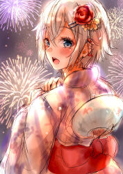 1boy aerial_fireworks androgynous ayachanman blue_eyes blush fireworks flower from_behind hair_flower hair_ornament hairclip hands_up highres japanese_clothes kimono looking_at_viewer looking_back obi open_mouth print_kimono sash shirt short_hair solo tearing_up totsuka_saika trap upper_body white_kimono white_shirt yahari_ore_no_seishun_lovecome_wa_machigatteiru. yukata
