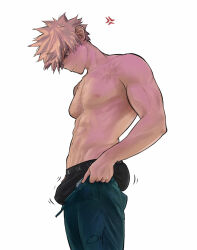 1boy abs absurdres anger_vein ass ass_lift bakugou_katsuki bel_(slbelen_) blonde_hair boku_no_hero_academia bulge bulge_lift denim dressing eyelashes from_side highres i&#039;ve_never_seen_a_guy_recreate_this_successfully_tbh_(meme) jeans large_pectorals looking_at_bulge male_focus male_underwear meme muscular muscular_male nipples open_pants pants pants_lift pectorals red_eyes scar scar_on_chest short_hair simple_background solo spiked_hair topless_male undersized_clothes underwear veins veiny_arms white_background