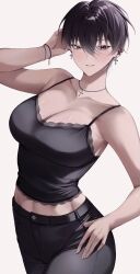 1girl arm_up black_camisole black_pants blush breasts brown_eyes brown_hair camisole cleavage collarbone cowboy_shot cross cross_earrings cross_necklace dark-skinned_female dark_skin earrings hand_on_own_hip hashtag-only_commentary highres jewelry large_breasts midriff mole mole_under_eye necklace open_clothes original pants parted_lips short_hair simple_background smile solo ulularts white_background