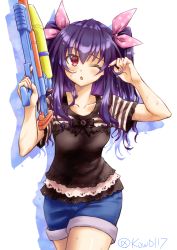absurdres black_hair breasts exhausted highres kow_(kow0117) long_hair neptune_(series) one_eye_closed open_mouth red_eyes ribbon shirt shorts small_breasts soaked surprised thighs tsundere twintails two_side_up uni_(neptunia) water_gun wet
