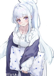 1girl blue_archive blunt_bangs blush breasts cleavage closed_mouth collar collarbone commentary_request cowboy_shot frilled_collar frills hair_intakes halo highres hiragi_1014 holding holding_pillow large_breasts long_hair long_sleeves looking_at_viewer mechanical_halo noa_(blue_archive) noa_(pajamas)_(blue_archive) pajamas pillow polka_dot polka_dot_pillow ponytail purple_eyes purple_scarf scarf shirt simple_background sleeves_past_wrists smile solo standing very_long_hair watermark white_background white_hair white_shirt
