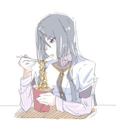 Rule 34 | 1girl, brown hair, chopsticks, cup ramen, eating, eyes visible through hair, food, grey hair, highres, holding, holding chopsticks, long hair, long sleeves, noodles, open mouth, origami yukari, pajamas, ramen, simple background, sitting, sketch, sleeves rolled up, solo, toji no miko, white background, yukikuma (yukikuma 018), yukikuma 017