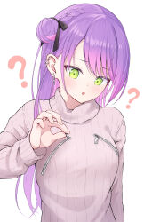 1girl :o ? absurdres arm_at_side asymmetrical_sidelocks black_ribbon blush braid breast_zipper commentary_request cross cross_earrings ear_chain ear_piercing earrings green_eyes hair_bun hair_ribbon hand_up heart heart_earrings highres hololive jewelry linked_piercing long_hair long_sleeves official_alternate_hairstyle omiyatei one_side_up piercing purple_hair ribbed_sweater ribbon side_braid side_up_bun single_hair_bun solo straight_hair sweater swept_bangs tokoyami_towa turtleneck turtleneck_sweater upper_body virtual_youtuber white_background