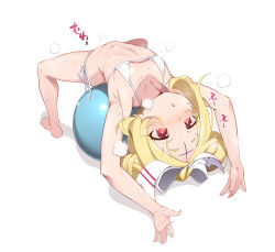 1girl :o absurdres armpits ball bare_arms bare_legs bare_shoulders barefoot bikini blonde_hair blush bright_pupils cross cross_facial_mark double_bun exercise_ball facial_mark flat_chest forehead forehead_mark forehead_tattoo full_body hair_bun hair_ribbon hands_on_ground highres loli lying mahou_shoujo_ni_akogarete medium_hair micro_bikini morino_korisu navel nekono_matatabi nero_alice on_back open_mouth red_eyes ribbon side-tie_bikini_bottom solo sound_effects spread_legs steam straight_hair sweat swimsuit translation_request white_background white_bikini white_pupils