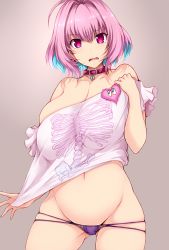 Rule 34 | 1girl, ahoge, aqua hair, bell, belly, belt collar, blouse, breasts, choker, cleavage, collar, collarbone, cowboy shot, curvy, earrings, fangs, female focus, frilled shirt, frills, groin, hair between eyes, hair intakes, heart, heart-shaped lock, heart collar, heart on chest, highres, huge breasts, idolmaster, idolmaster cinderella girls, jewelry, large breasts, looking at viewer, multi-strapped panties, multicolored hair, navel, off shoulder, open mouth, panties, pink eyes, pink hair, pink shirt, plump, purple panties, sagging breasts, shirt, shirt tug, simple background, skeleton print, skindentation, solo, string panties, teeth, thighs, tsukasawa takamatsu, two-tone hair, underwear, white shirt, yumemi riamu