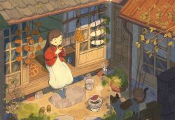1girl absurdres architecture brown_hair bucket cat closed_eyes closed_mouth cup daikon day dress east_asian_architecture eating flower_pot food fruit grey_socks grill hair_ornament hairclip highres holding holding_food house jacket long_hair long_sleeves marunoki open_clothes open_jacket orange_(fruit) original plant potted_plant radish red_jacket roasted_sweet_potato scenery shichirin sitting slice_of_life slippers smile socks solo sunlight sweet_potato unworn_slippers veranda white_dress wide_shot yunomi