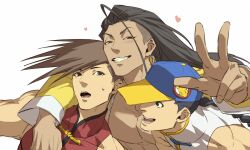 Rule 34 | 3boys, abs, arm around shoulder, bare shoulders, baseball cap, blush, braid, brothers, brown eyes, brown hair, chinese clothes, commentary, group hug, hand up, hat, heart, hug, jacket, jamie siu, long braid, long hair, looking at another, looking at viewer, male focus, mandarin collar, multicolored jacket, multiple boys, muscular, muscular male, open clothes, open jacket, open mouth, pectorals, siblings, simple background, single bang, single braid, sleeveless, smile, street fighter, street fighter 6, street fighter iii (series), talgi, teeth, tongue, twins, upper body, v, white background, white wrist cuffs, wrist cuffs, yang lee, yellow jacket, yun lee