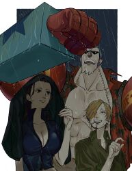 1girl 2boys absurdres black_hair blonde_hair blue_hair cigarette cropped_jacket cyborg facial_hair franky_(one_piece) friends goatee hair_over_one_eye highres jacket multiple_boys muscular muscular_male nico_robin nico_robin_(return_to_sabaody) one_piece rain sanji_(one_piece) short-sleeved_jacket short_sleeves suit_jacket sunglasses tall_female tall_male water_drop yao_yasan zipper zipper_pull_tab